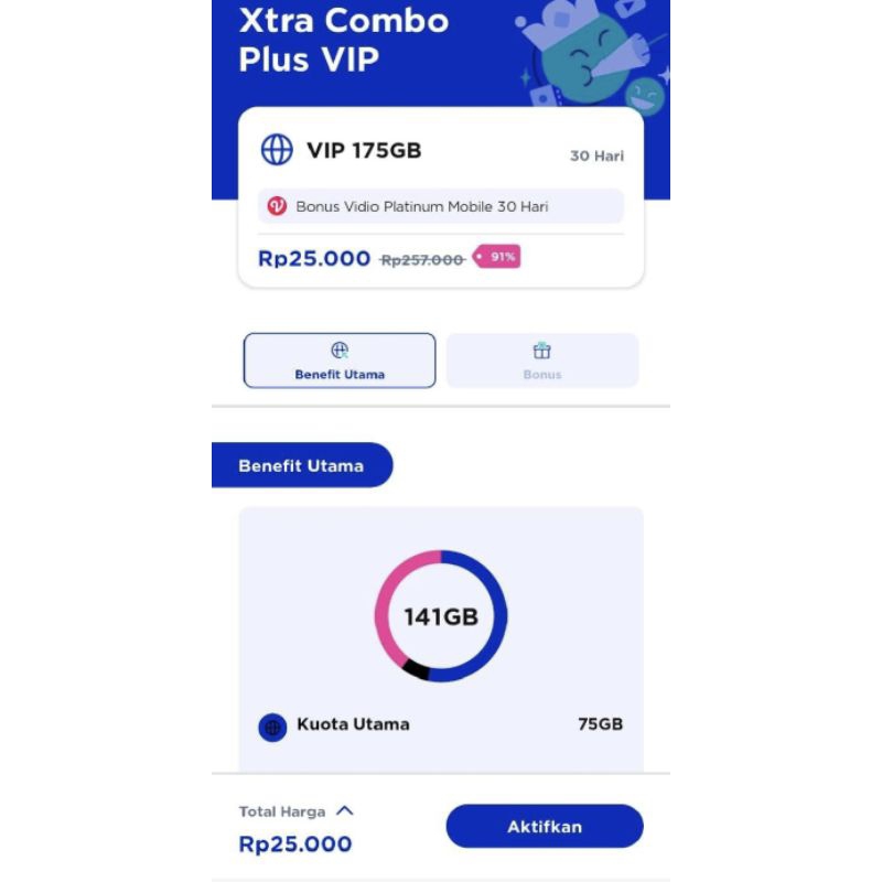 XL Xtra Combo VIP Diskon 90%. Kuota hingga 185GB