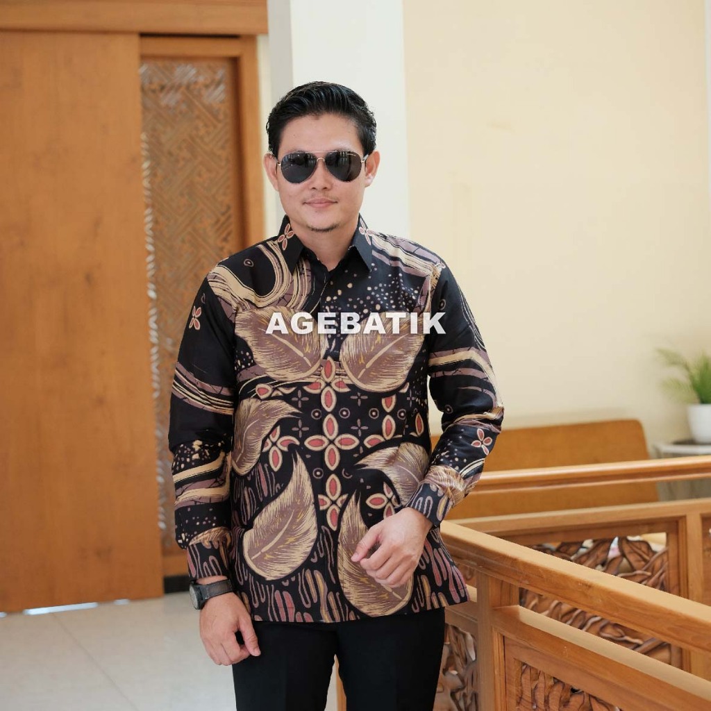 AGEBATIK AGE095 - Kemeja Batik Pria - Lengan Panjang Pendek - Slim Fit - Motif Daun Hitam - Katun Pr