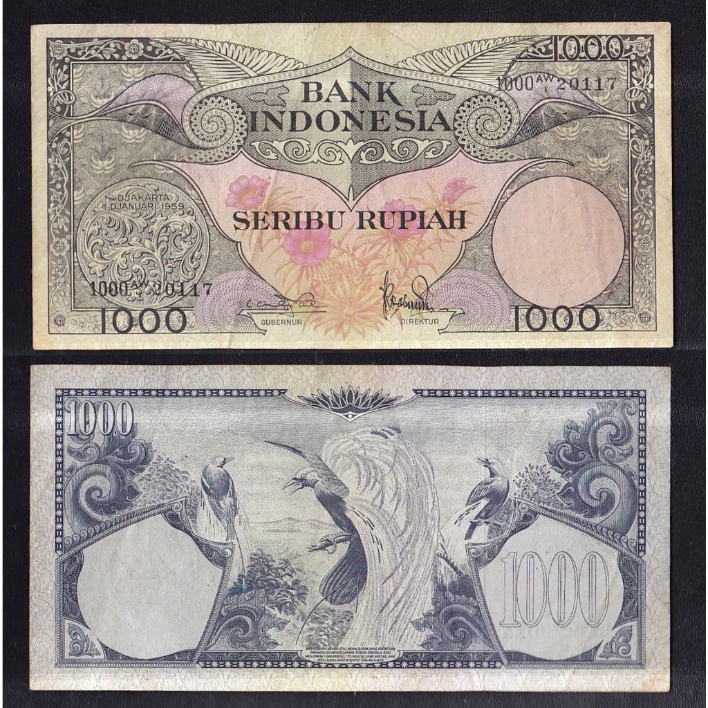Uang kuno 1000 rupiah tahun 1959 "Emisi Bunga & Burung S/N AW 20117