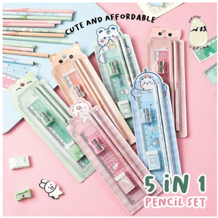 

House station - Stationary Set Alat Tulis / Alat Tulis Set Alat Tulis 5-in-1/ Set Pensil Pola Kartun Alat Tulis Anak Sekolah Penghapus Penggaris Pensil Serutan Karakter Lucu