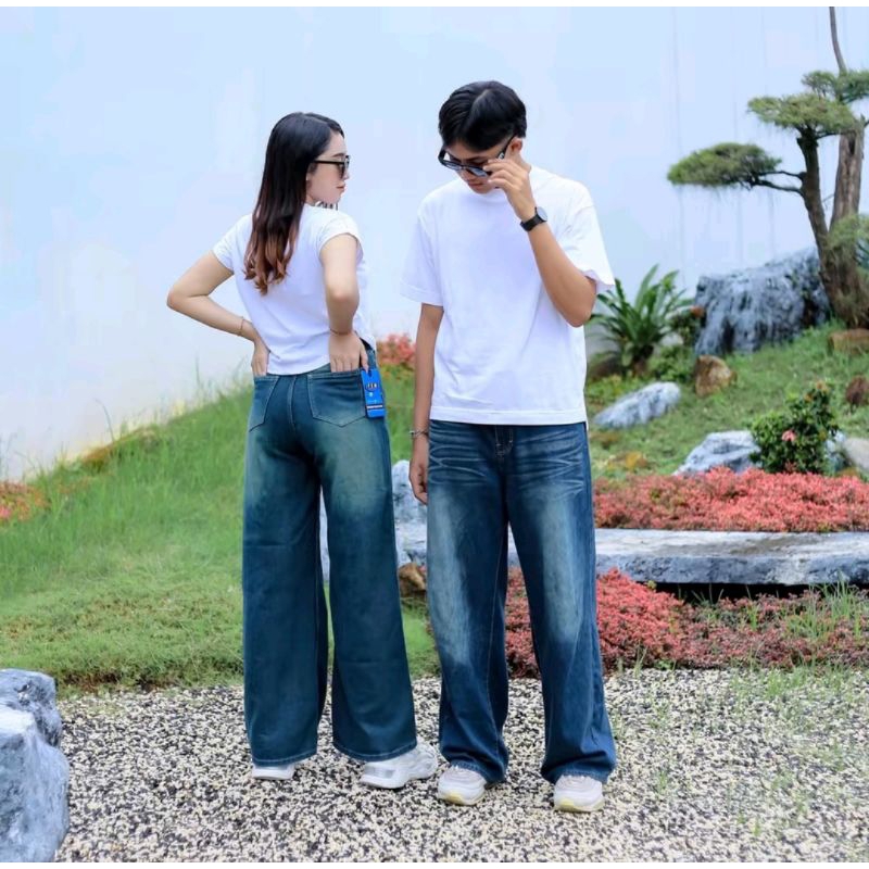 Jeans Pria Wishker Gombrong Loose Pants Wide Leg Hitam Reguler