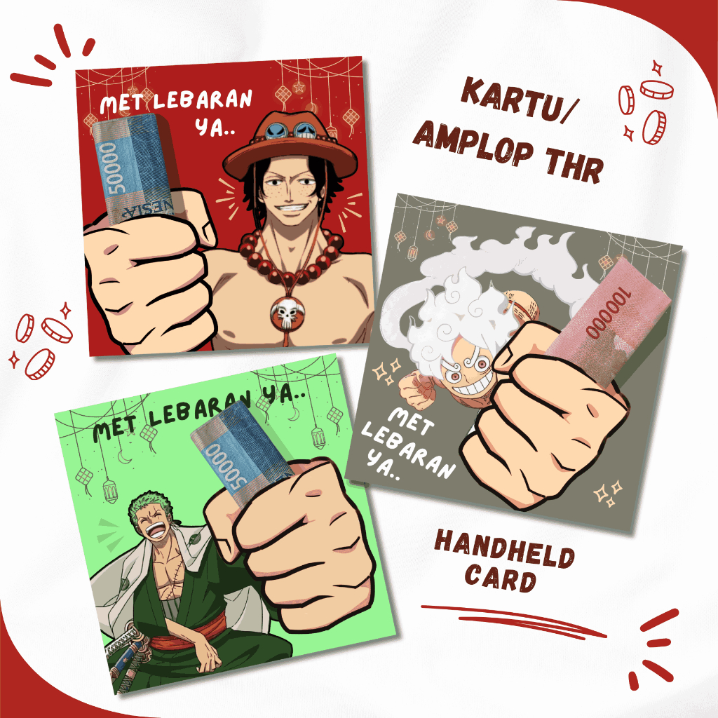 

AMPLOP THR / ANGPAO ANIME ONE PIECE - KARTU HARI RAYA LEBARAN IMLEK NATAL PASKAH NYEPI / KARTU UCAPAN UNIK - LUFFY ZORO ACE SANJI