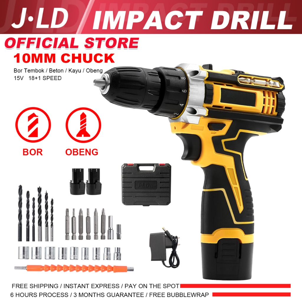 JLD-II Mesin Bor Baterai 15VF dengan 2 Baterai Promo 10mm 2-Speed