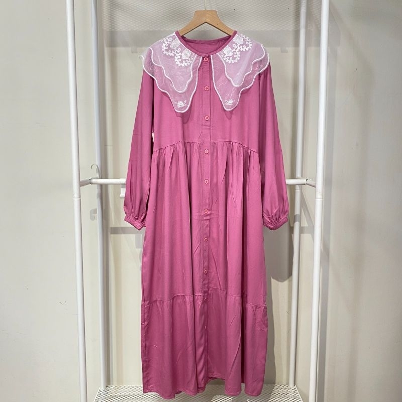 Midi fayana Rayon Twill , Gamis rayon twill kerah ruffle.