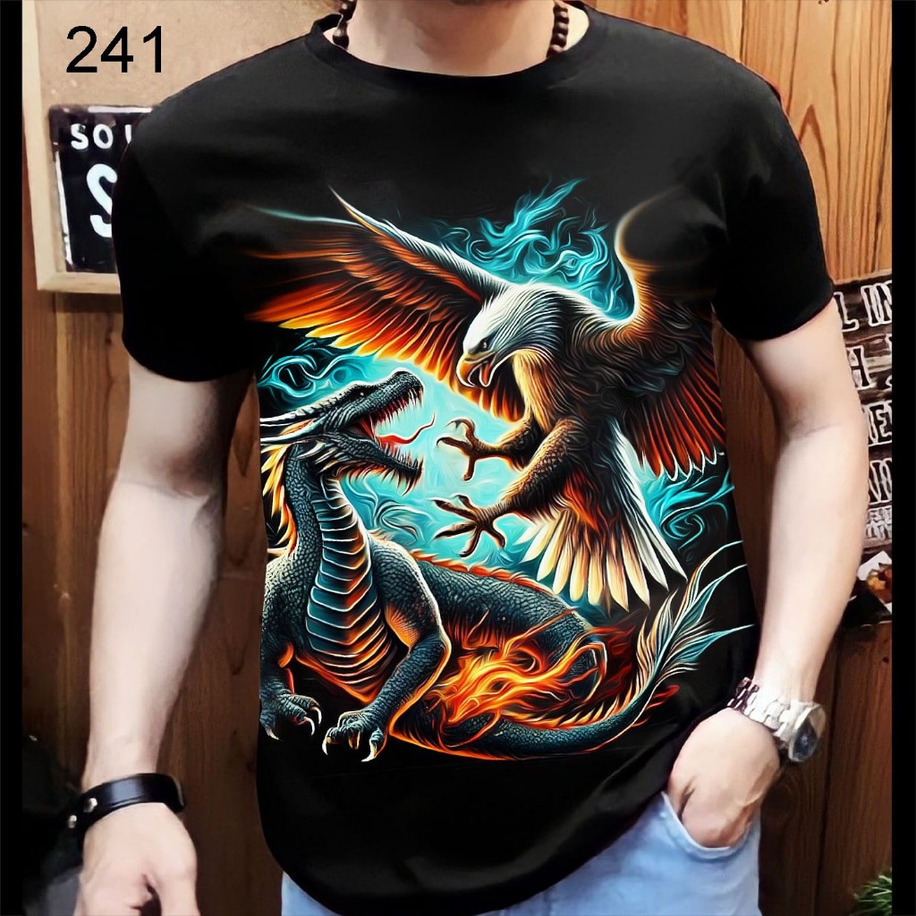 KAOS DISTRO PRIA OBLONG HITAM MOTIF NAGA VERSUS ELANG VERSI 02