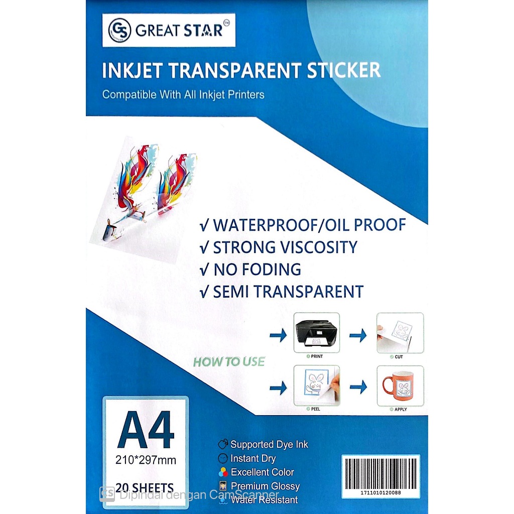 

Sticker Inkjet Transparant Waterproof Great Star A4/20 LEMBAR