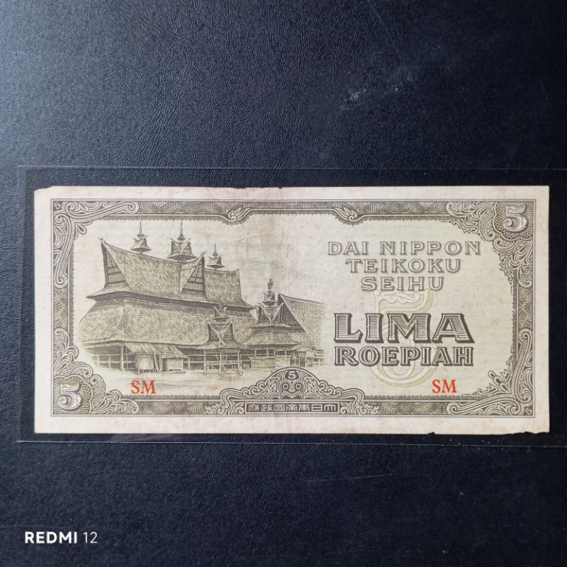 uang kertas 5 rupiah dai nippon tahun 1942 bekas asli