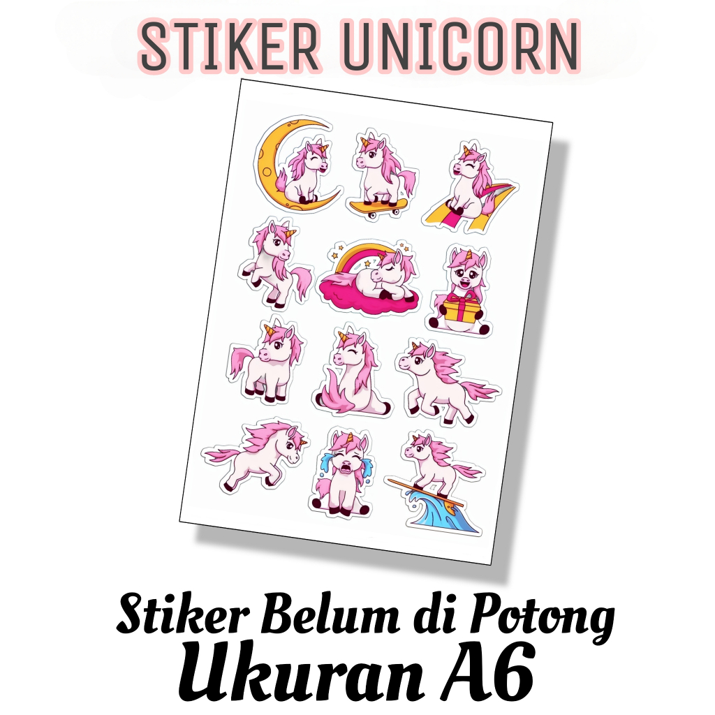 

STIKER UNICORN BELUM DIPOTONG UKURAN A6 / STIKER BELUM DIPOTONG BAHAN VINYL UKURAN A6 / STICKER / STIKER KARAKTER LUCU