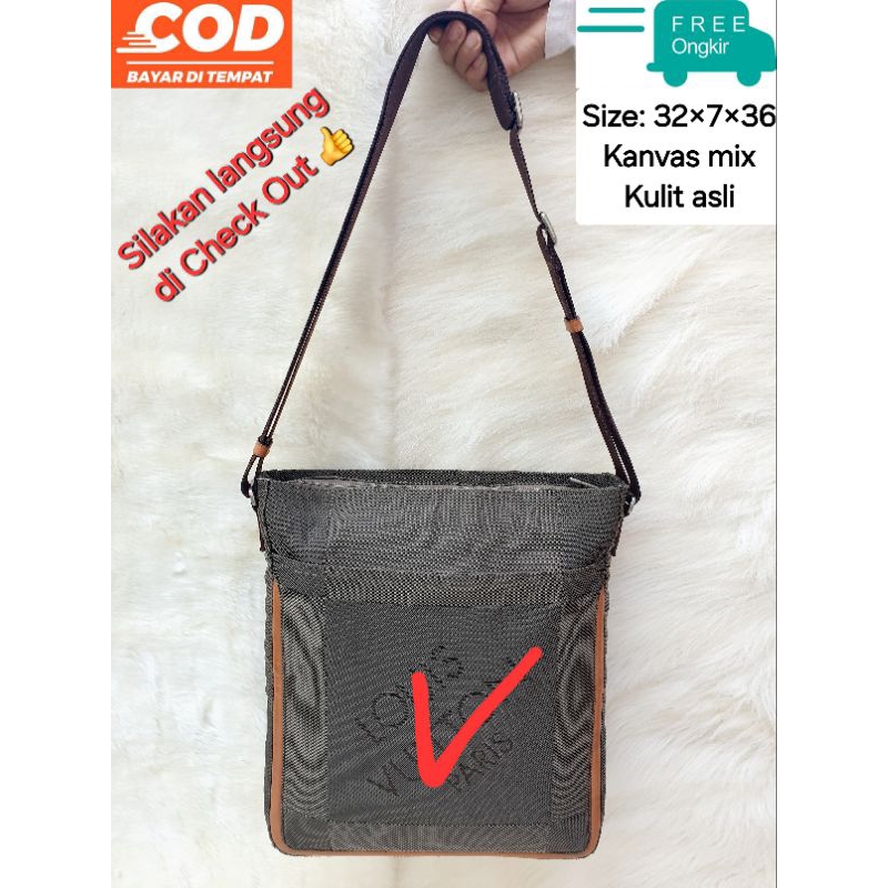 Tas Selempang Pria Sling Bag Kanvas Mix Kulit Asli Besar