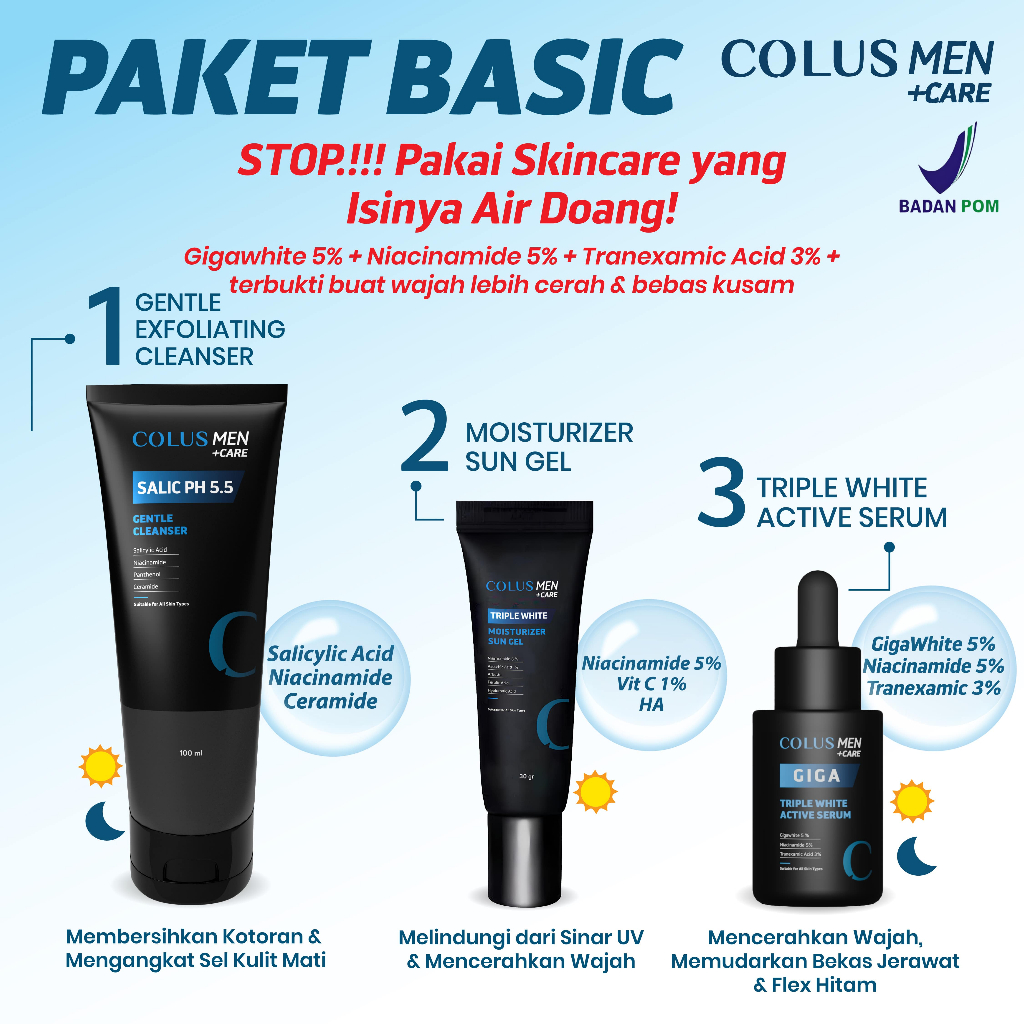 COLUS MEN Paket Skincare Pria BASIC | Pemutih Wajah & Penghilang Bekas Jerawat | Pemutih Wajah Pria 