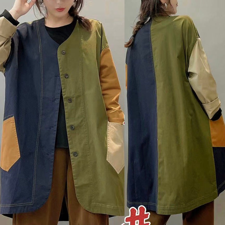 DRESS TUNIK JAKET COAT OUTER KATUN CARGO PREMIUM COLOR BLOCK NAVY HIJAU KREM OVERSIZE KOREA IMPORT