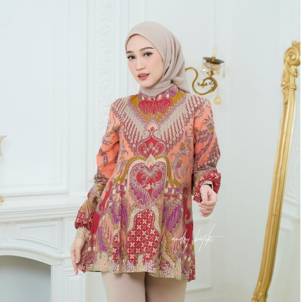 Audry Batik -Sukma- Blouse Batik Kerja Wanita Hijab Modern Motif Batik Kawung Kombinasi Coklat Merah