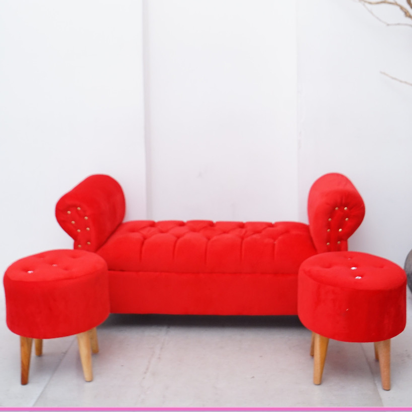 Sofa Santai Mewah Warna Merah – Sofa Bench Minimalis Bench Tangan Set Kursi Panjang + 2 Bangku Bulat