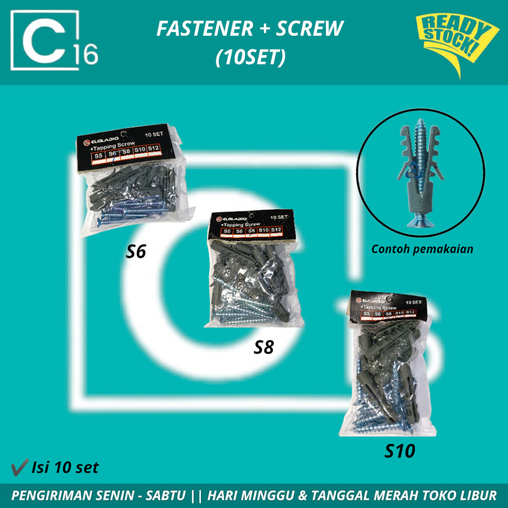 Paku Dinding Baut Dinding Isi 10 Pcs + Sekrup Ukuran S6 S8 S10 Fastener Fisher + Skrup 10 SET