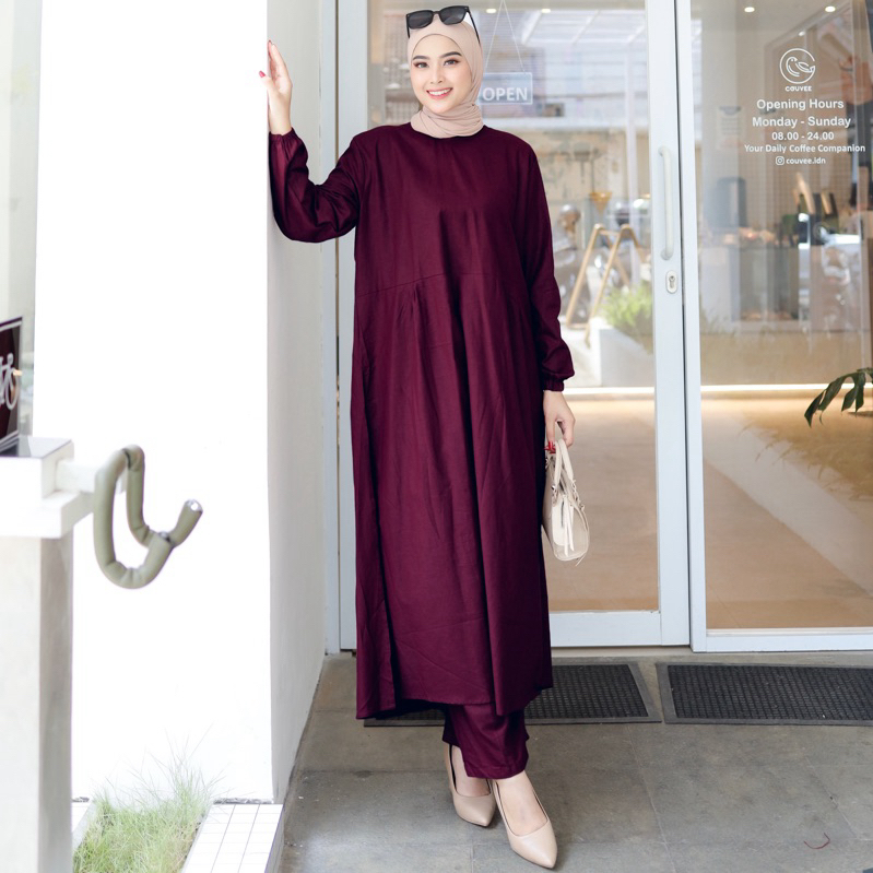 Setelan Long Tunik Celana Kulot Oneset Bahan Linen Fashion Wanita Terbaru baju setelan casual - JOAN