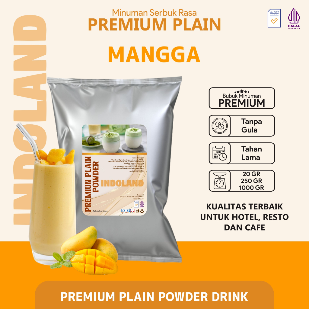 

Bubuk Minuman Plain Premium Tanpa Gula Rasa Mango Plain Powder Drink No Sugar Mango Indoland 250 gram / 1 kg