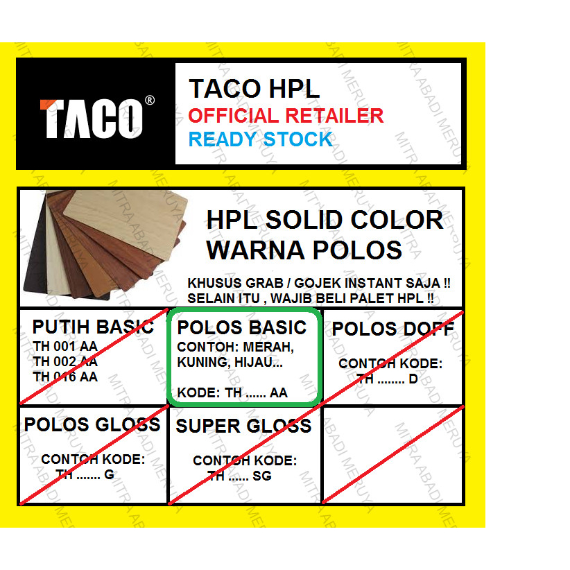 TACO HPL WARNA POLOS / SOLID COLOR KODE AA