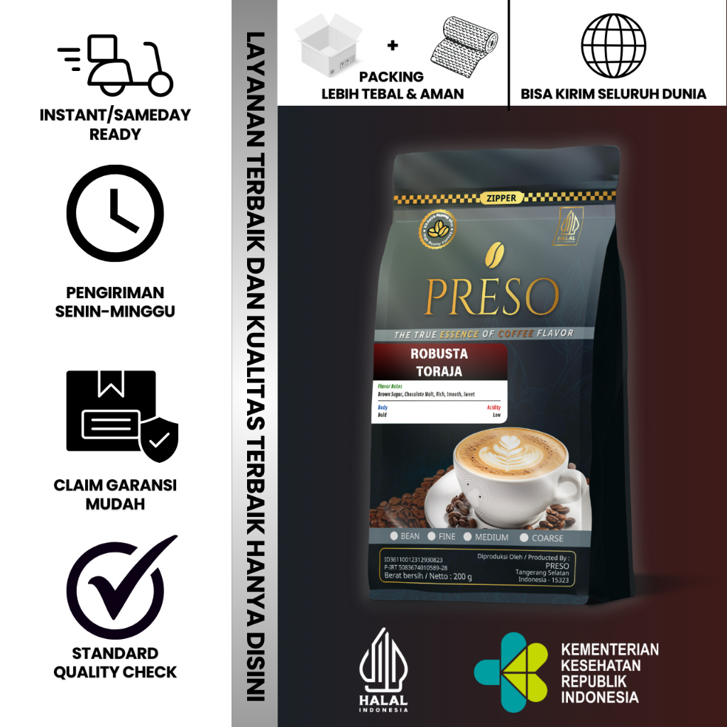 

PRESO Biji Kopi Bubuk Robusta Toraja Sapan Coffee Roast Beans Espresso Bean Coffe 200 gram