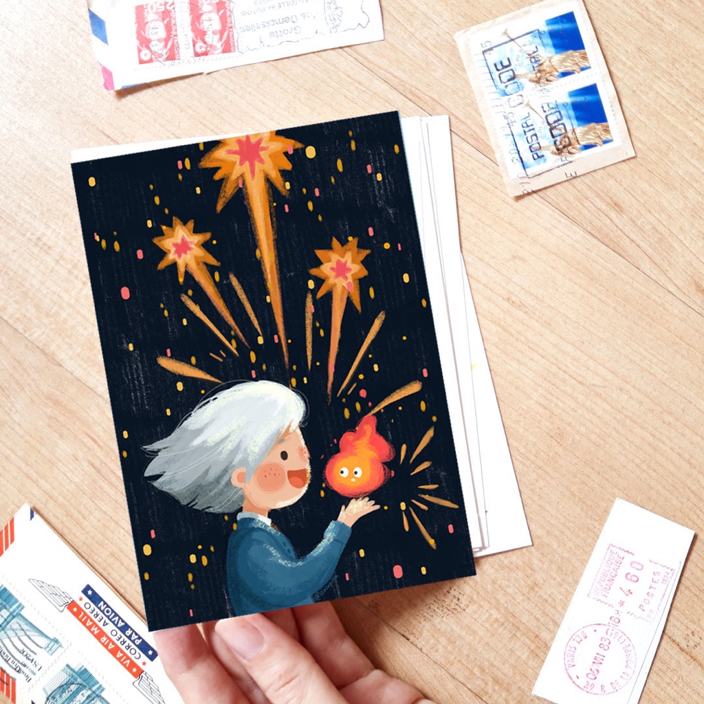 

Postcard kartu pos ucapan firework kembang api new year Ghibli Howl