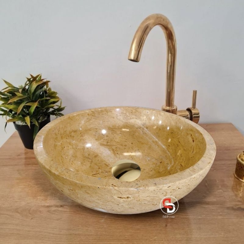 Wastafel marmer bulat | Cucitangan model bowl yellow | kamarmandi minimalis | free packing kayu