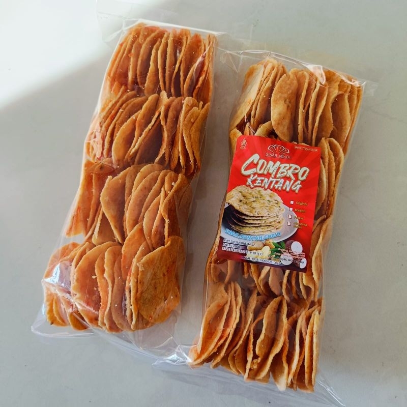 

kripik kentang combro 4 baris pedas dan original