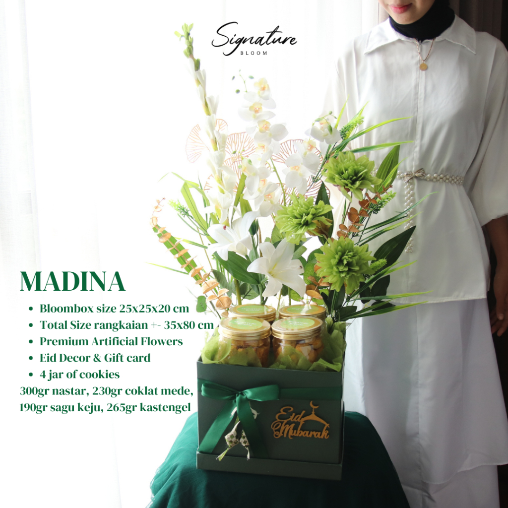 

(SignatureBloom) Lebaran Hampers Eid Mubarak Kue Kering Bloombox Artificial Flowers Madina | Gift Set Eid Hadiah