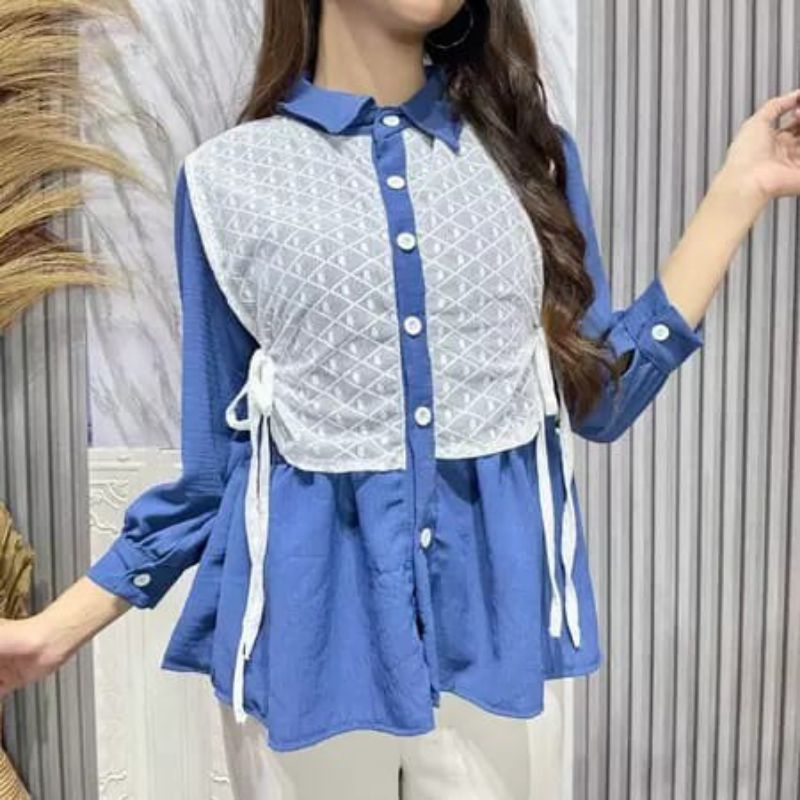 Dena Kemeja Katun Poly Mix Katun Brokat | Blouse Wanita Fashion Korea | Adem & Nyaman