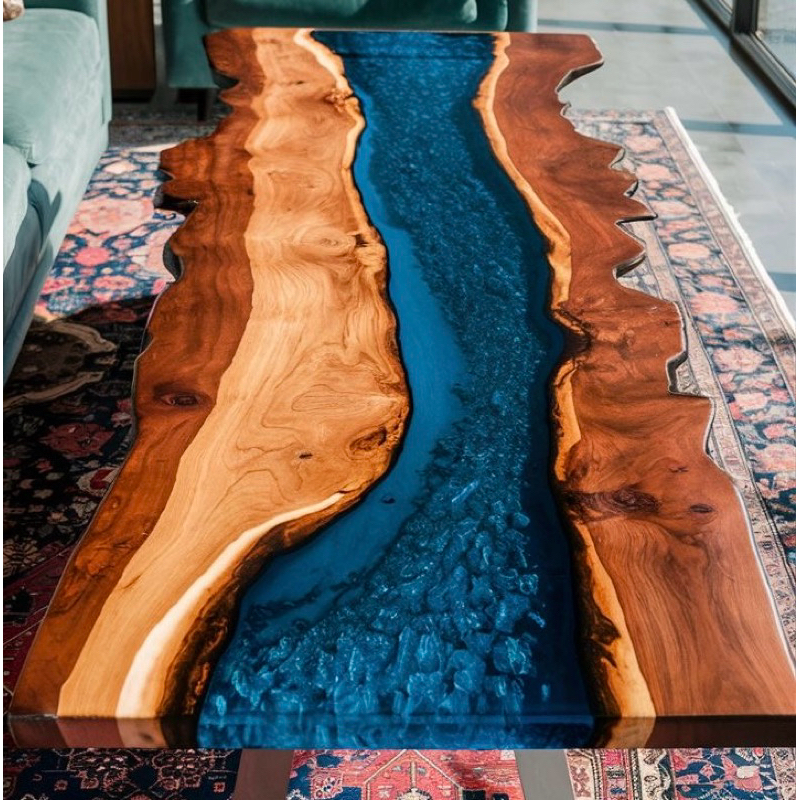 Meja Trembesi Resin, Meja Makan Trembesi Resin, Meja Epoksi Sungai dengan Kayu Solid, Meja Epoksi Su