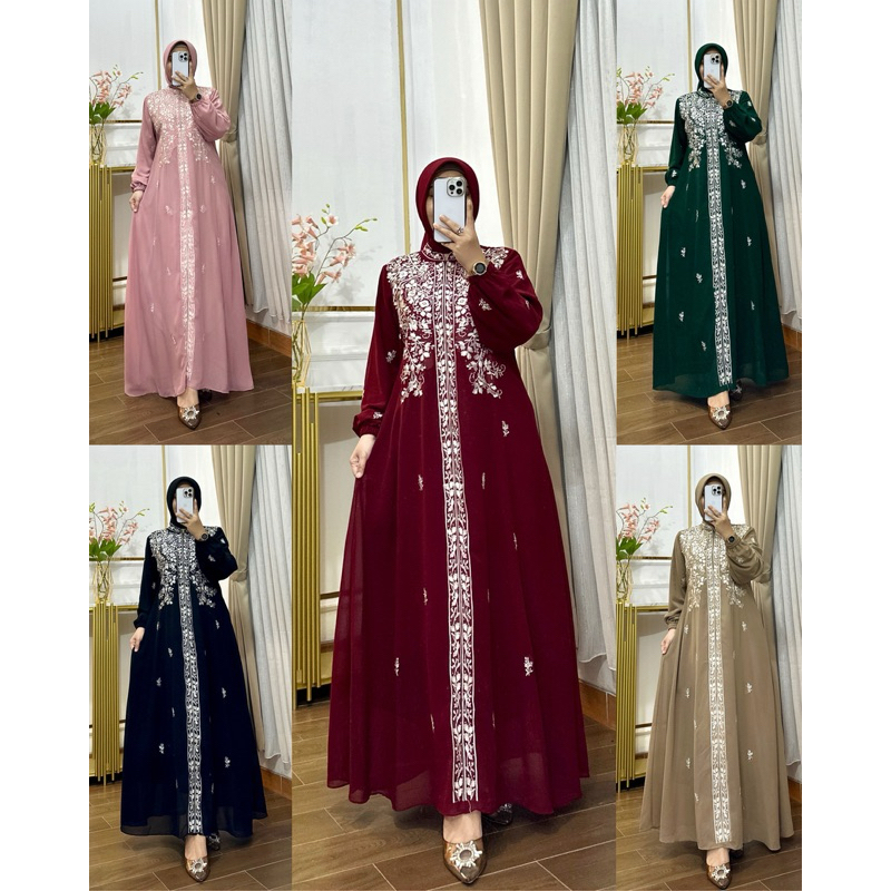 Gamis Ceruty Babydoll Azalia Full Puring Super Soft Bahan Ceruty Abaya Free Hijab Motif Bordir Manik
