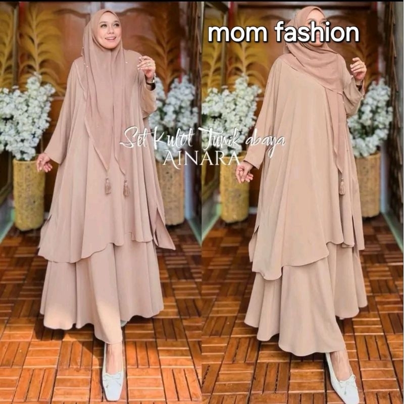 One Set Ainara Tunik Set (one set syari Melayu)Atasan dan Celana kulot pallazo Wanita Muslimah soft 