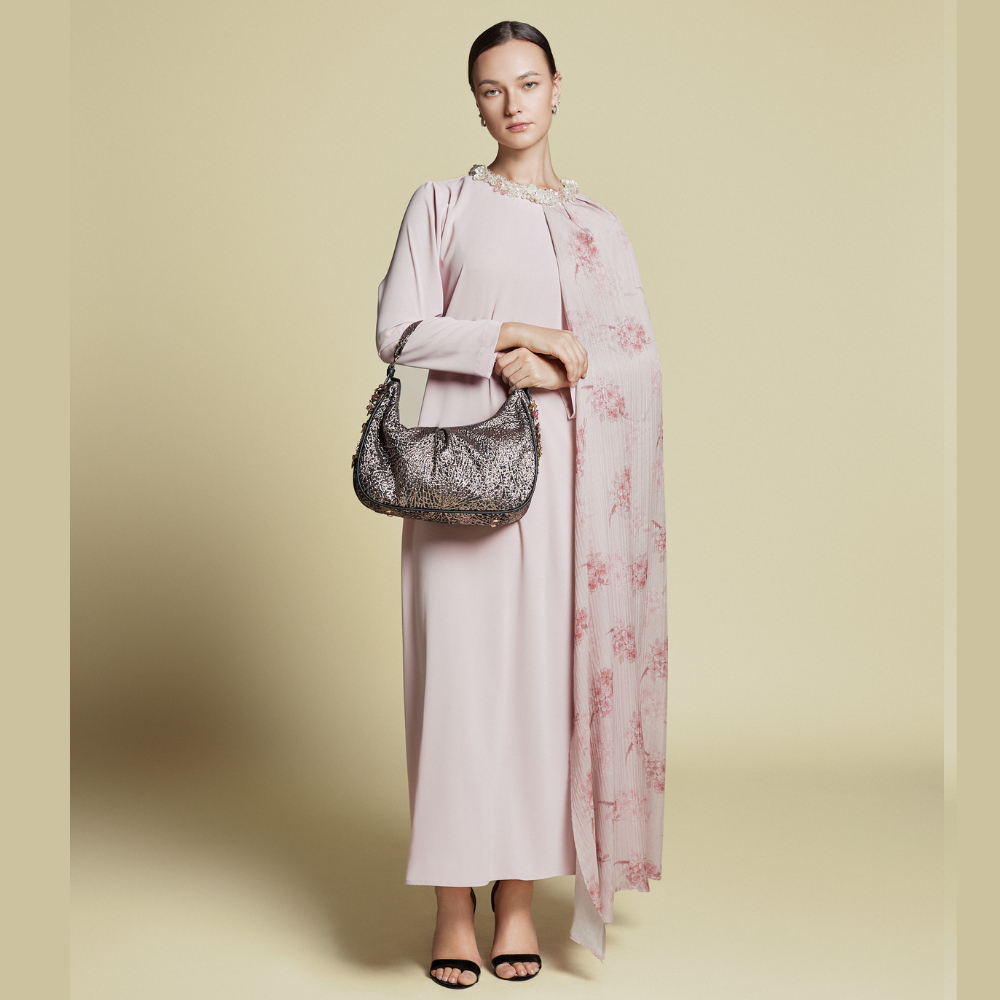 Kaftan Wanita Dress Muslim Premium Asymmetrical Cape Kaftan Silk Baby Pink