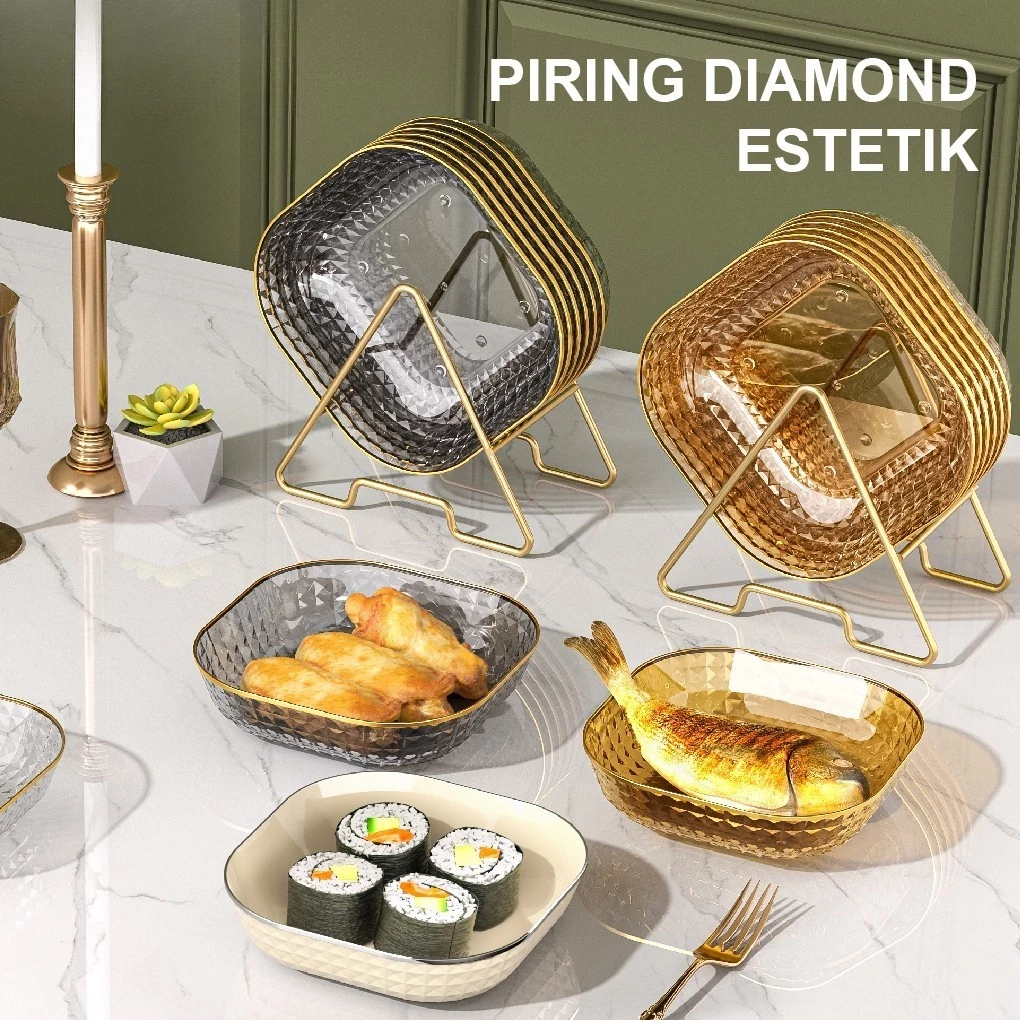 PT Piring Transparant Plastik PET Piring Kecil Desert Motif Diamond Mewah Piring Lebaran