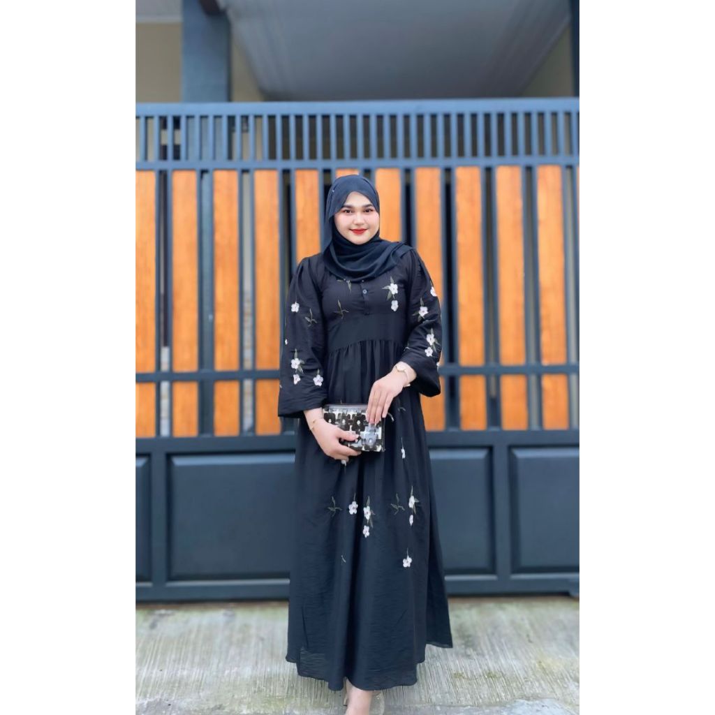 JASMINE-Dress Maxi Bahan Polo Linen Bordir bunga