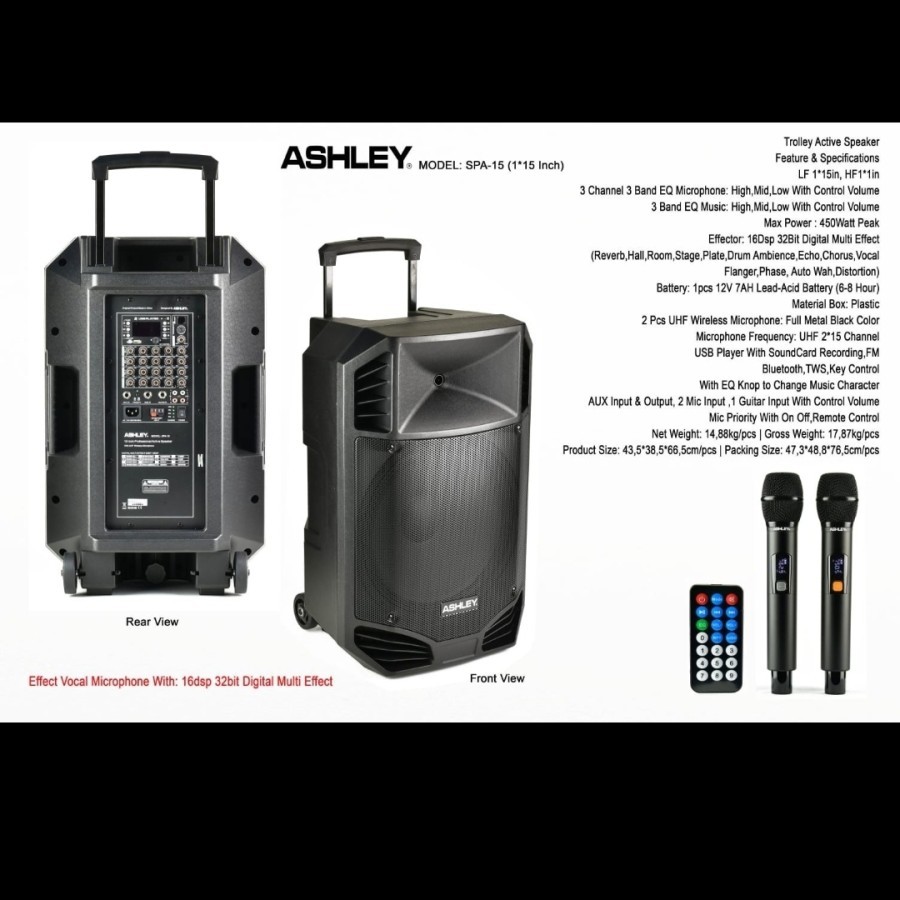 SPEAKER PORTABLE WIRELESS ASHLEY SPA15 15 INCH BLUETOOTH ORIGINAL