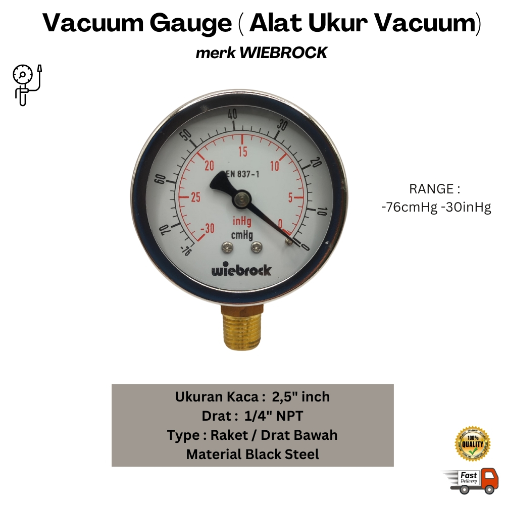 Vacuum Gauge WIEBROCK 2,5" inch -76cmHg / -30inHg drat 1/4 Besi Hitam Vacum Gauge