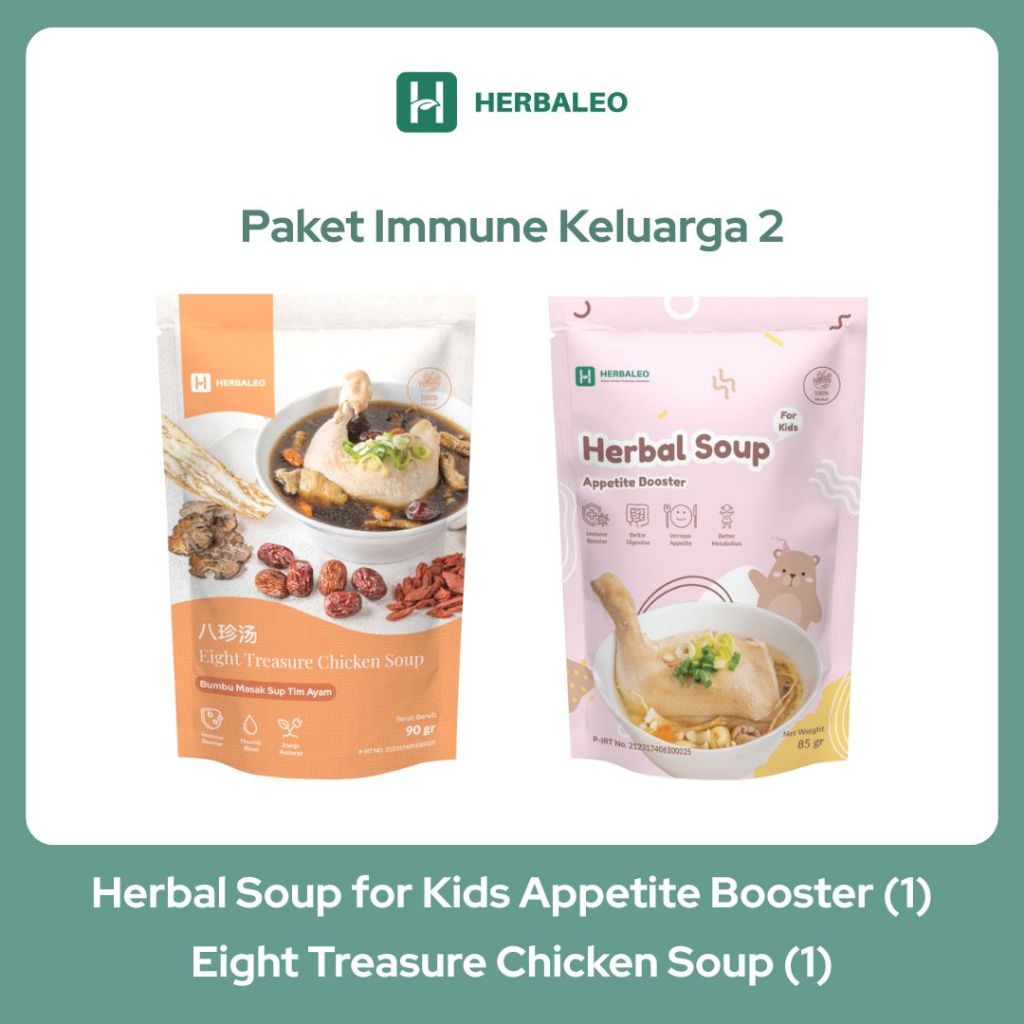

Herbaleo Paket Immune Keluarga 2 Eight Treasure Chicken Shop 90g + Sup Herbal Soup Appetite 85g