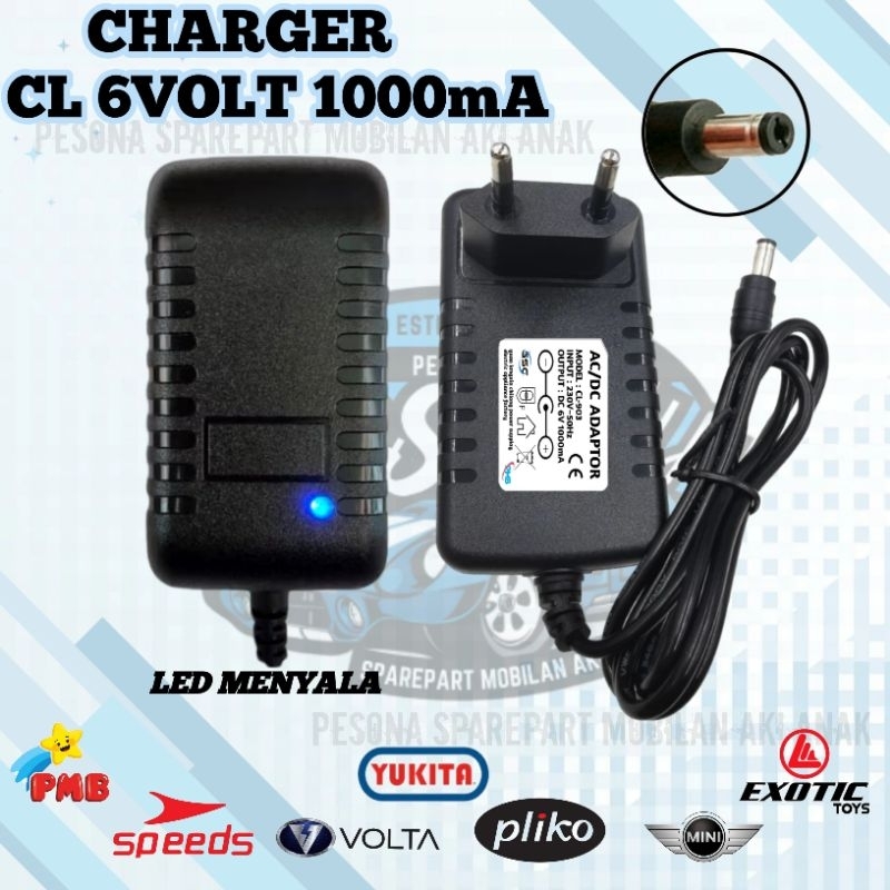 Charger 6 volt 1amper motor mobil aki anak CL-930 Pliko pmb Volta yukita speeds