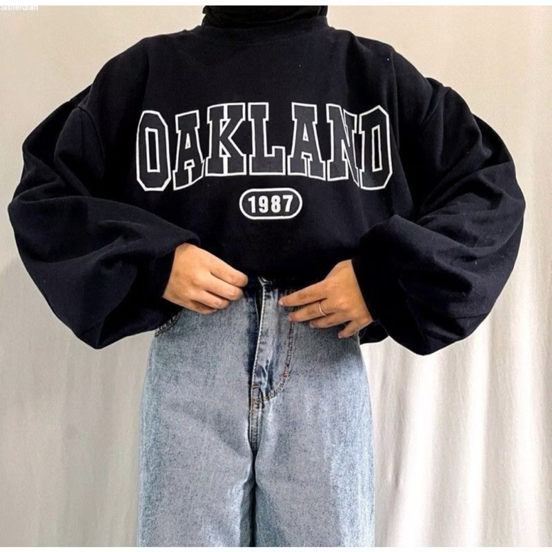 READY STOK COD OVERSIZE WANITA SWEATER CROP Sweater Wanita Oakland Oversize Oblong Crewneck Wanita