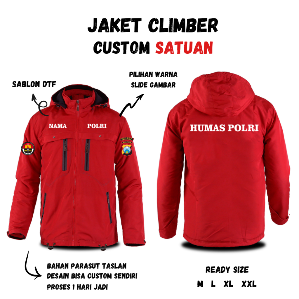 JUAL JAKET PARASUT HUMAS POLRI CUSTOM DESAIN TERBARU BEBAS SEMI WATERPROOF