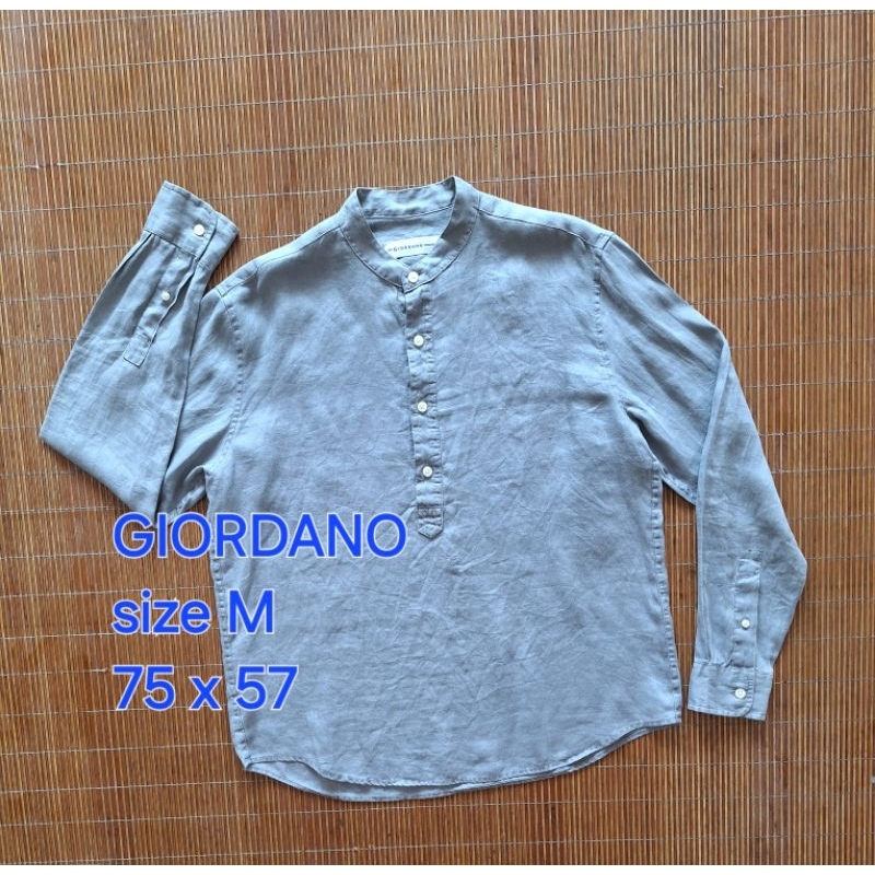 Baju Kemeja GIORDANO Kerah Sanghai Koko Abu Polos Lengan Panjang Pria