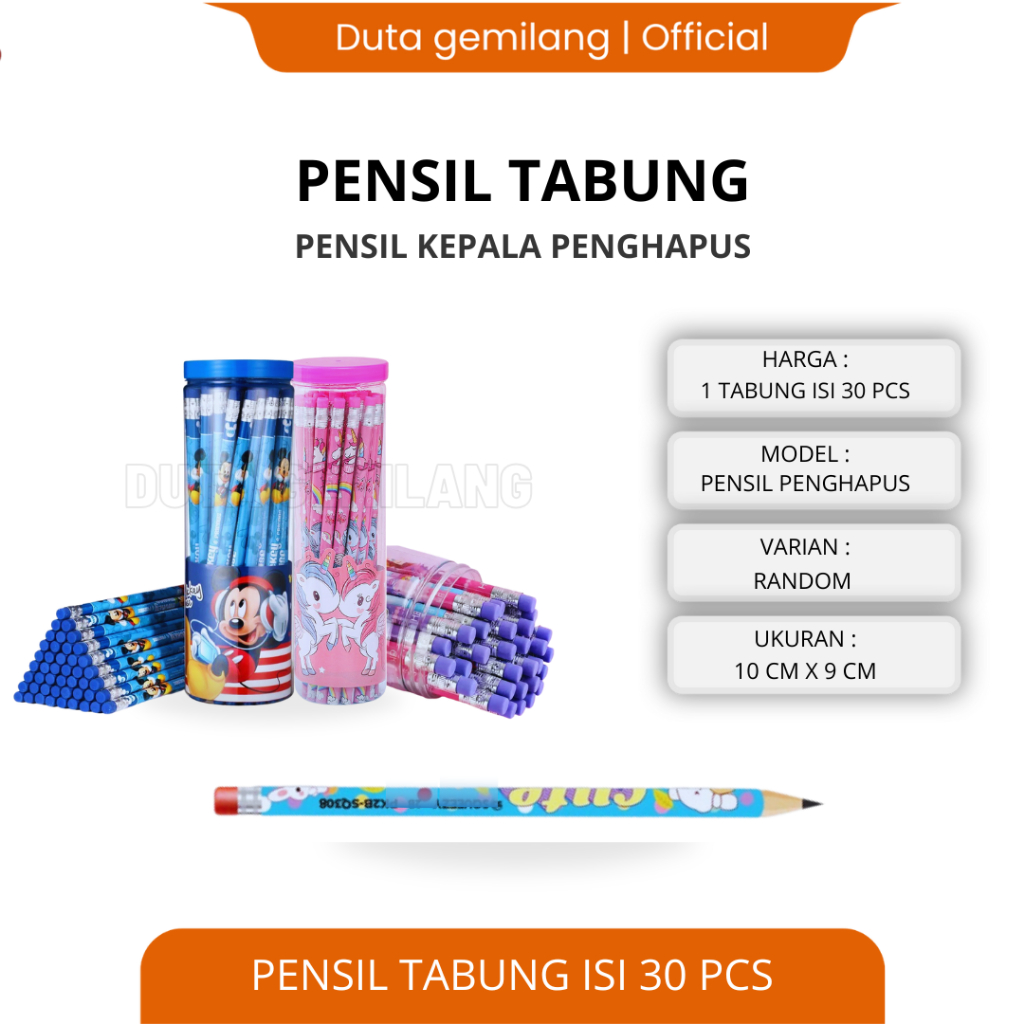 

Pensil penghapus /pensil unik/pensil stip/pensil hapusan / Pensil HB karakter dengan kepala penghapus 1 Tabung isi 24 pcs / Cod / Duta Gemilang