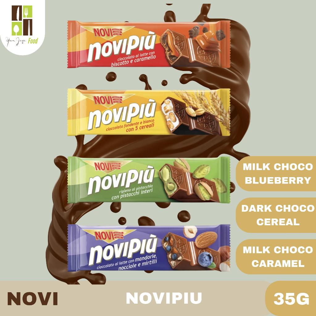 

Novi Novipiu Chocolate / Coklat Susu Karamel / Coklat Susu Sereal / Coklat Susu Almond Hazelnut Blueberry / Coklat Italia / Cokelat / Nocciole Mandorle Mirtilli / Fondente 5 Cereali / Caramello e Biscotto / 35g / 28g