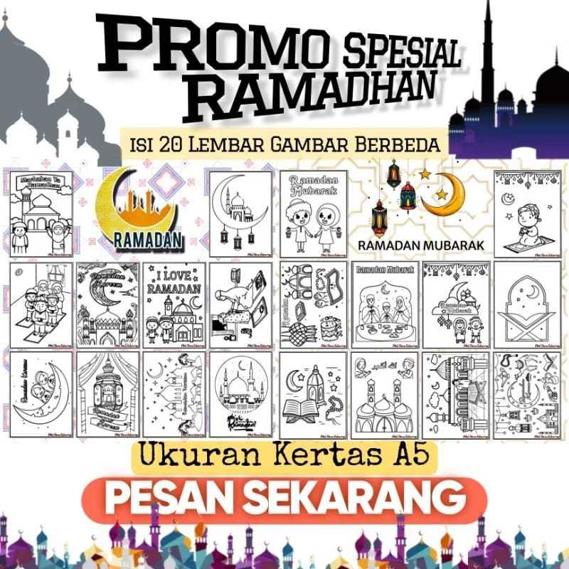 

PROMO SPESIAL RAMADAN & RAMADAN MUBARAK 20 LEMBAR KERTAS MEWARNAI UKURAN A5 / KERTAS GAMBAR TEBAL BISA UNTUK CAT AIR, CRAYON & SPIDOL