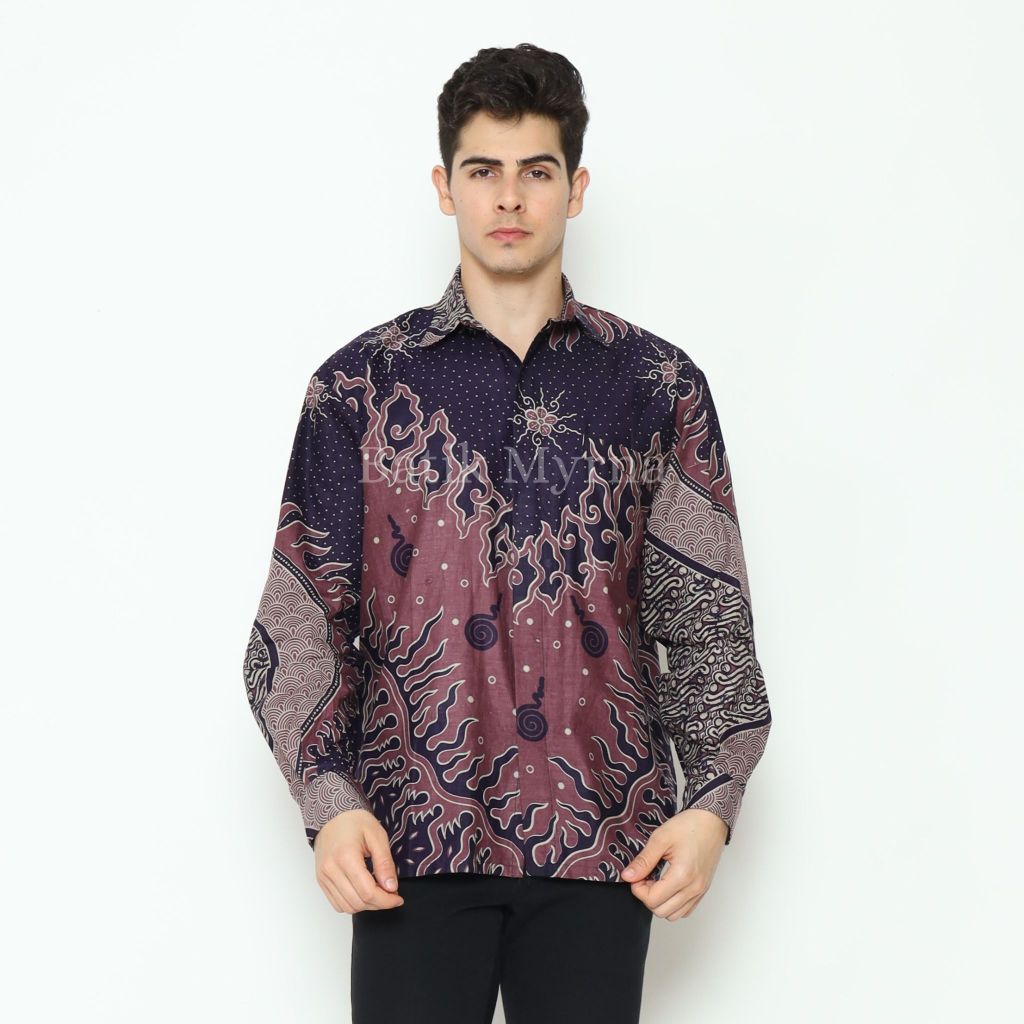 BATIK MYRNA - Kemeja Batik Lengan Panjang Pria Baju Atasan Motif Violet Pink