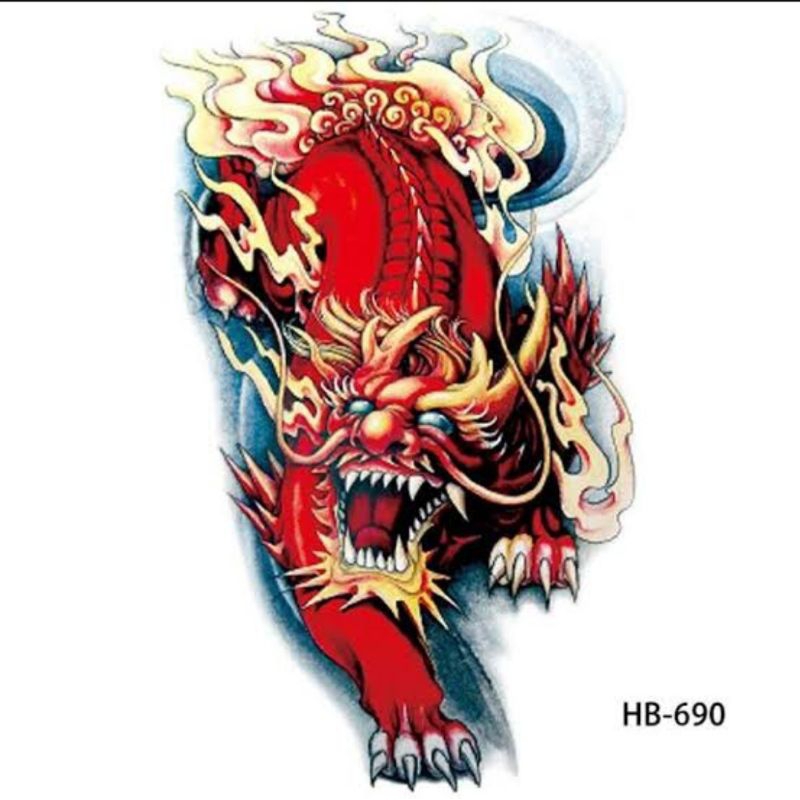 Tato Temporer Tahan Air Sementara Seri HB-690 Motif Naga Air Qilin Merah - Tattoo Tatto Temporary Se