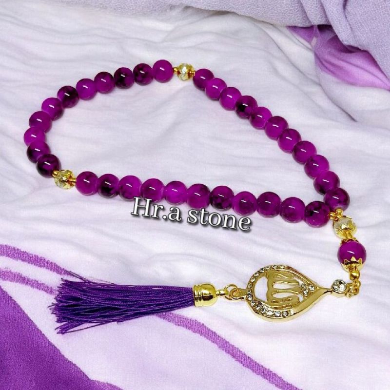 TASBIH BATU PIRUS UNGU SERAT HITAM+LAFADZ ALLAH 10MM 33 BUTIR