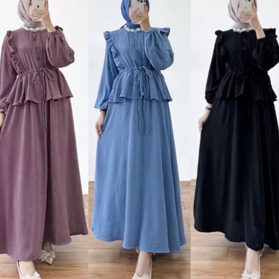 Dress Ivana Rosaline Maxi Ruffle Busui  Slavina Gamis Polos Crinkle Airflow Wanita Maxy Ruffle  Dres