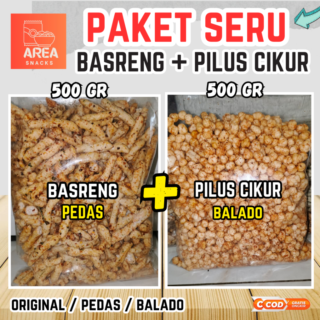 

BELI 1 DAPAT 2 CEMILAN BASRENG DAUN JERUK + PILUS CIKUR 1kg 3 RASA 9 KOMBINASI ORIGINAL/PEDAS/BALADO ENAK