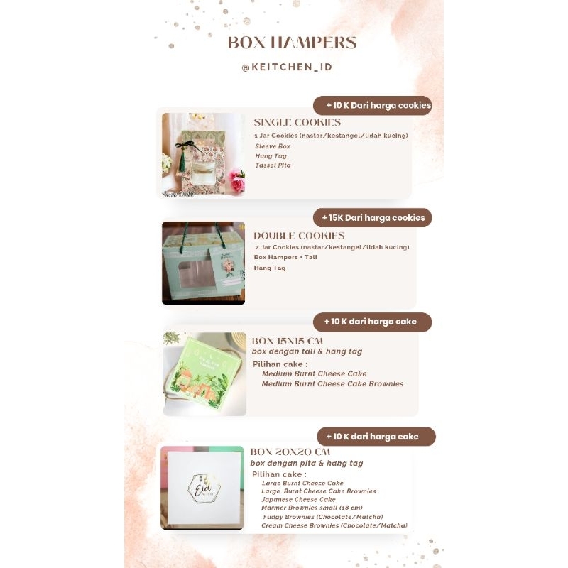 

Box Hampers Lebaran / Hampers Idul fitri /Hampers nastar/Hampers Cheese Cake/ Hampers Cake/Hampers Bekasi