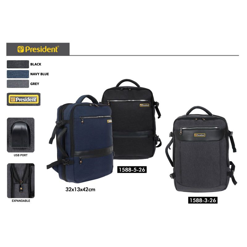 PRESIDENT 1588-3-26 3in1 TAS RANSEL PRESIDENT ORIGINAL BACKPACK PRESIDENT USB ORIGINAL TAS LAPTOP PR